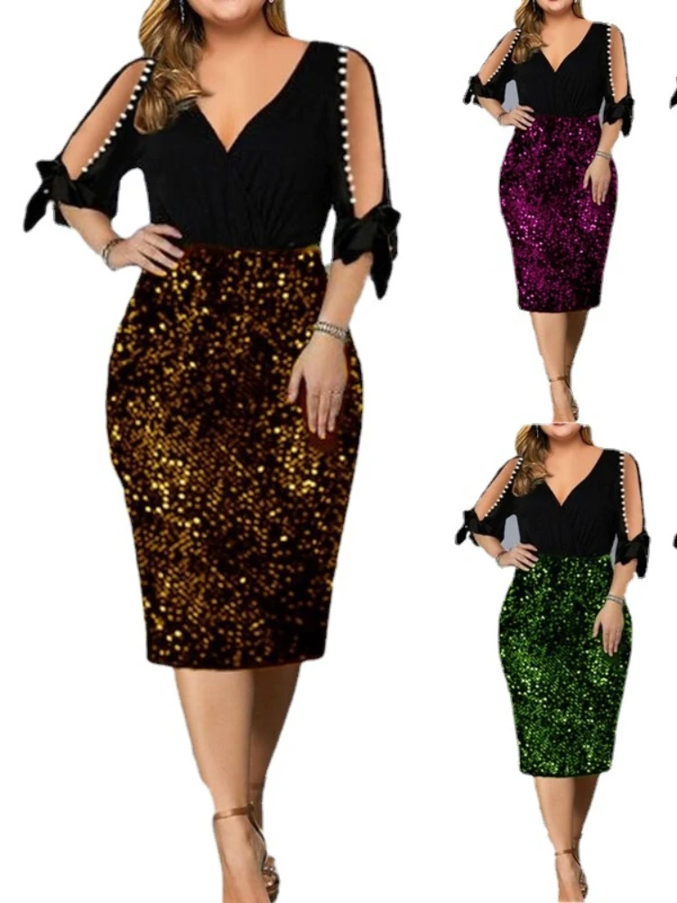 V-neck sequins design plus size women dress plus size women clothing  plus size outfits