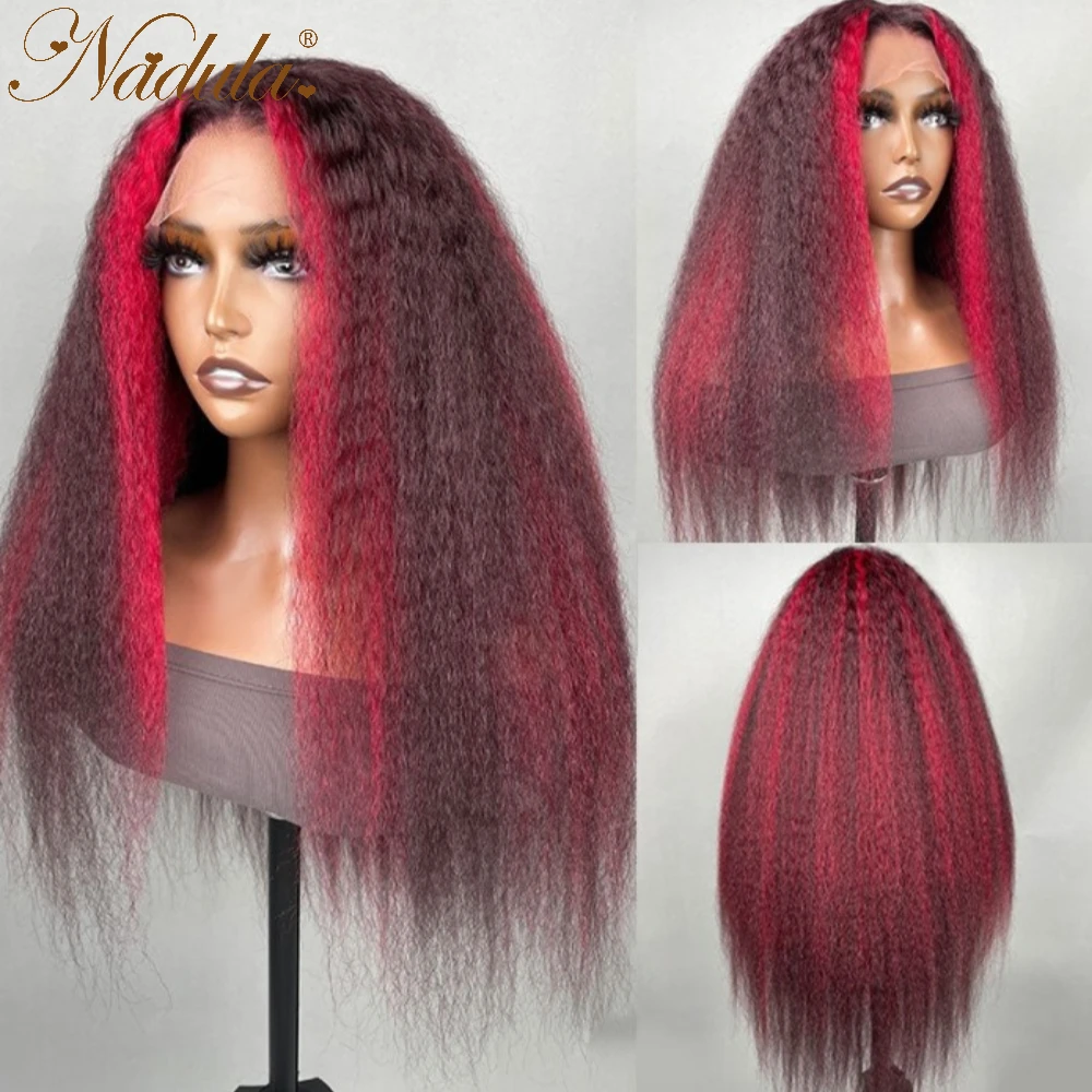 Highlights With Crimson Red Stripes Kinky Straight 13x4 Lace Front Wig 150% Density