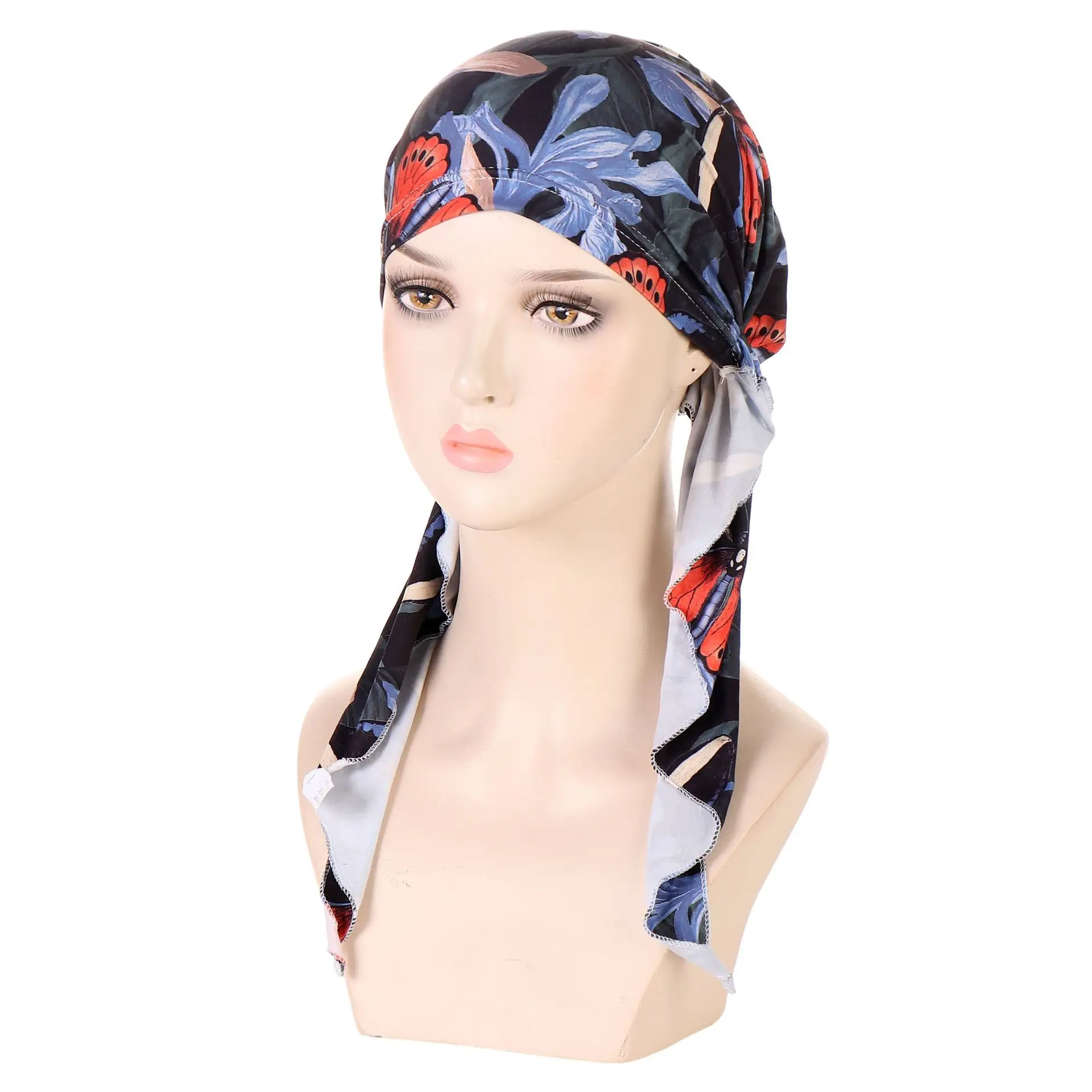 Satin Women Printed Pre-Tied Headscarf Elastic Muslim Turban Cancer Chemo Sleep Hat Hair Care Cover Head Wrap Headwear Bandana