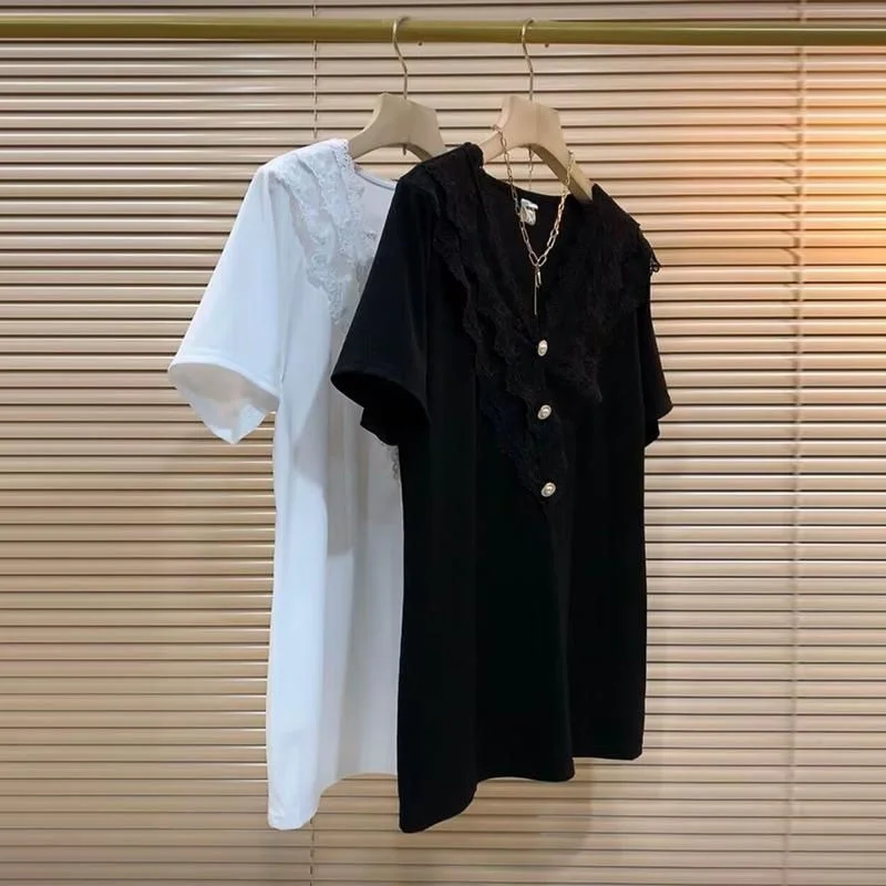 Футболка женская кружевная средней длины с V-образным вырезом и коротким рукавом