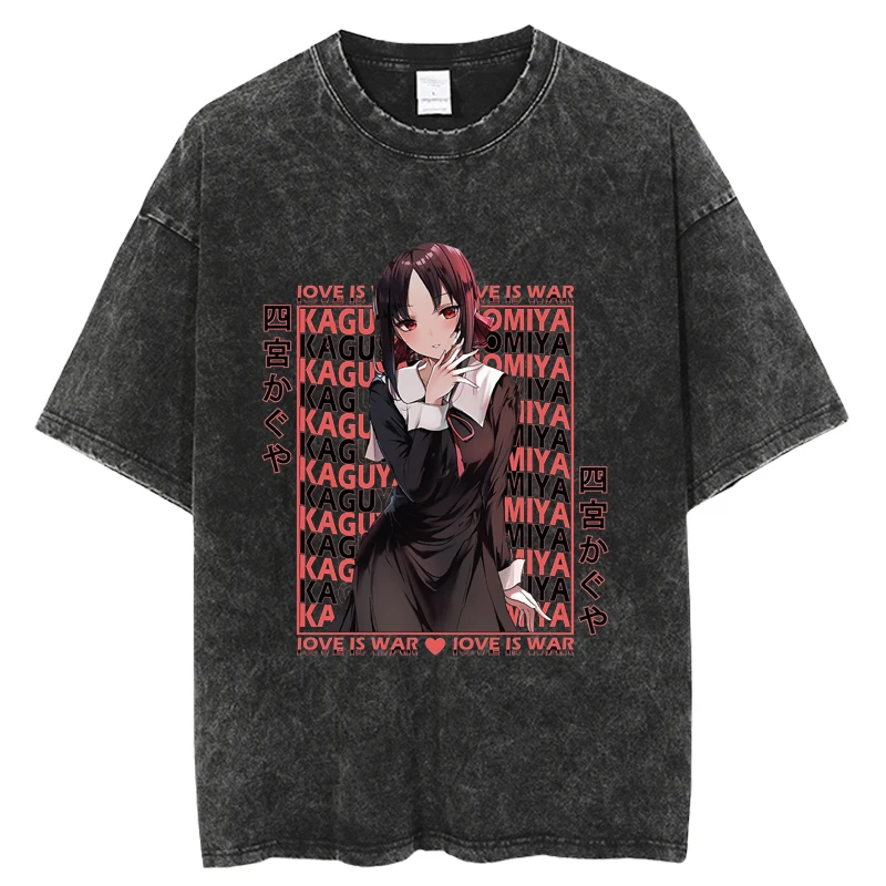 

Винтажная промытая футболка Kaguya с надписью Love is War в стиле Харадзюку, свободные футболки с коротким рукавом для пары, футболки с графическим рисунком для большого размера