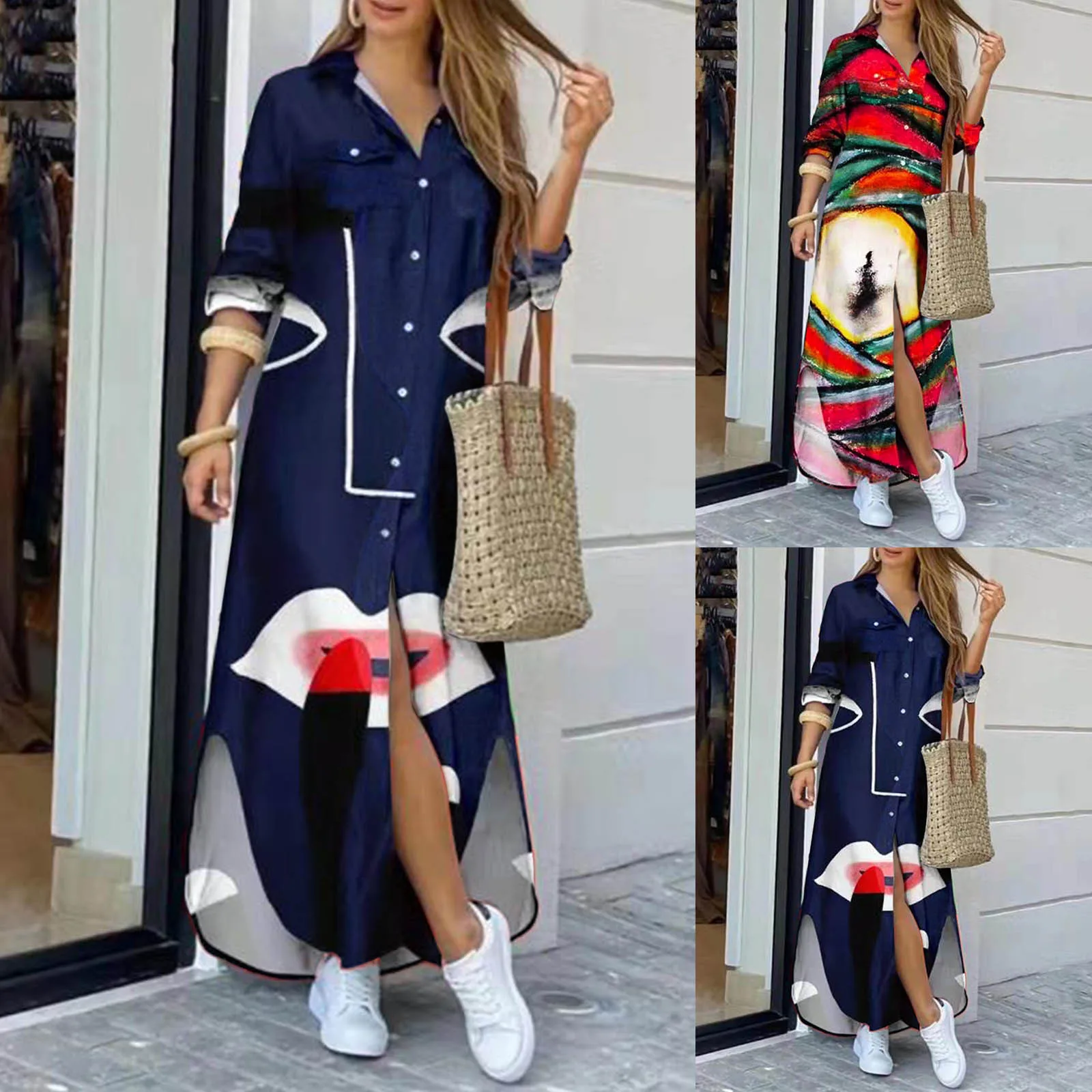 

Womens Long Casual Maxi TShirt Dresses Loose Pinting Button Down Long Sleeve Split Maxi Irregular Jumpsuit Dresses for Women