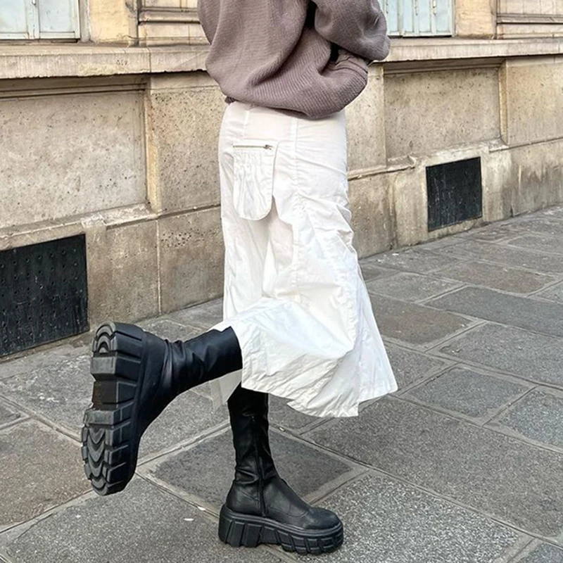 

Retro White Front Shirring Drawstring Long Skirts 90s Vintage Low Waist Midi Cargo Skirt Back Pockets Harajuku Grunge Clothes
