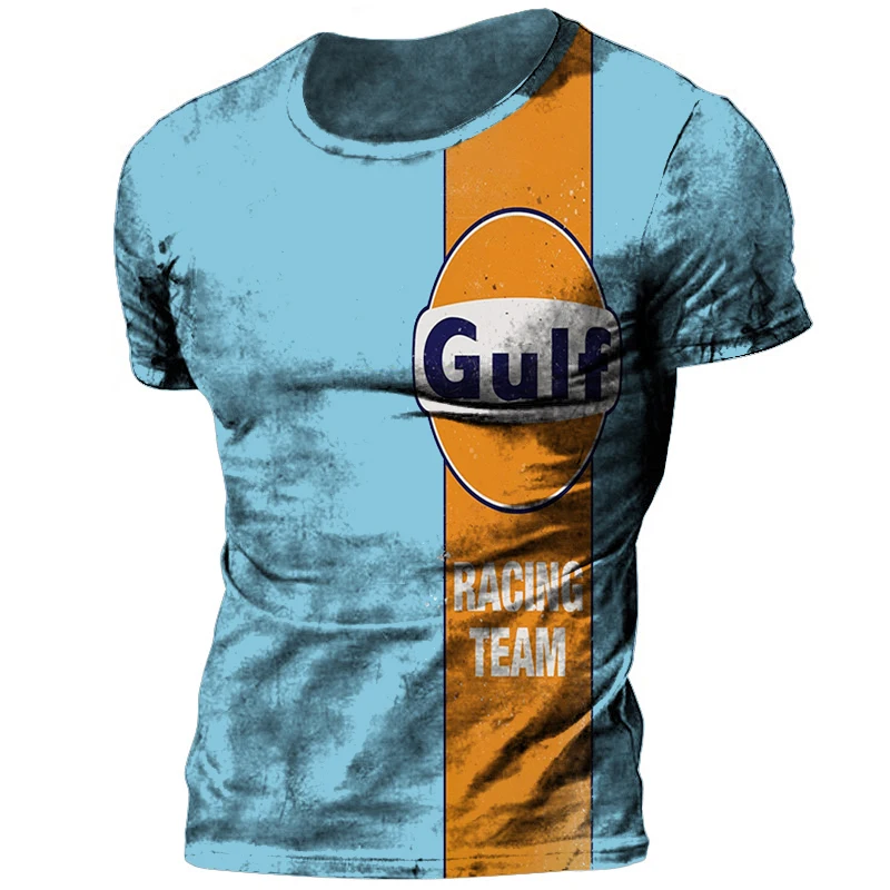 

New Summer Fashion Vintage Gulf Oil Print T Shirt Men Short Sleeve Streetwear Men T-shirt Pullover Loose Top Oversized Clothing