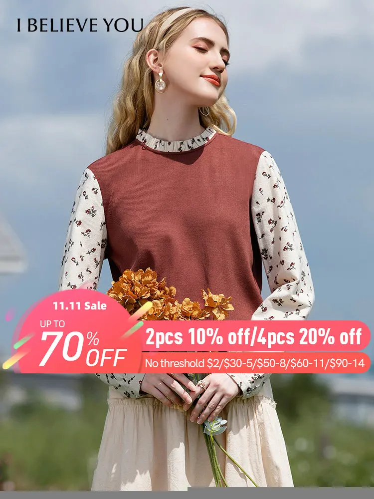 

I BELIEVE YOU Floral Patchwork Sweater Women Autumn Loose Oneck Pullover Puff Long Sleeve Knitted Tops Female Clothes 2213014002
