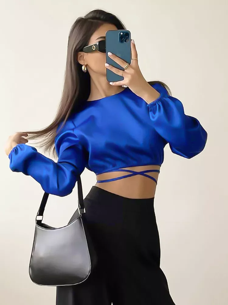 

New women traf shirtsroupas femininas blusas Backless Sexy Crop Top Women Satin Blue Blouse Long Sleeve Cropped Shirts Lantern S
