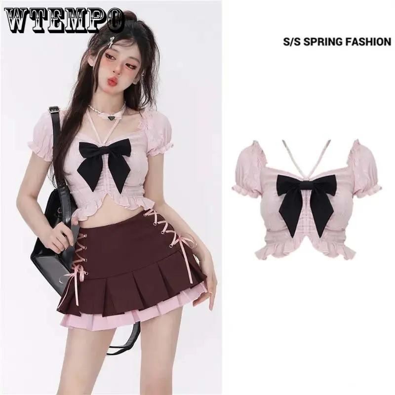 

Pink Crop Top Bow Pleating Halter Design Hotsweet Puff Sleeve Women Short Top Slim Sexy Navel Exposed Fashion Y2K E-girl Summer