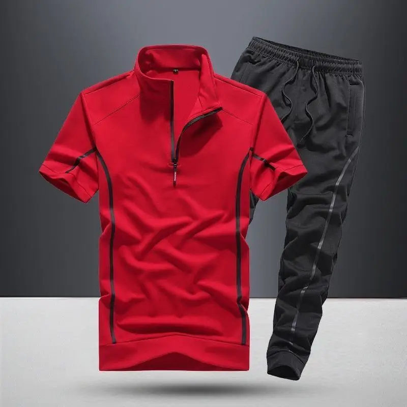 Clothes for Men Summer Short-sleeved Trousers Set Thin Vertical Collar Sportswear New Casual Business Two-piece Set