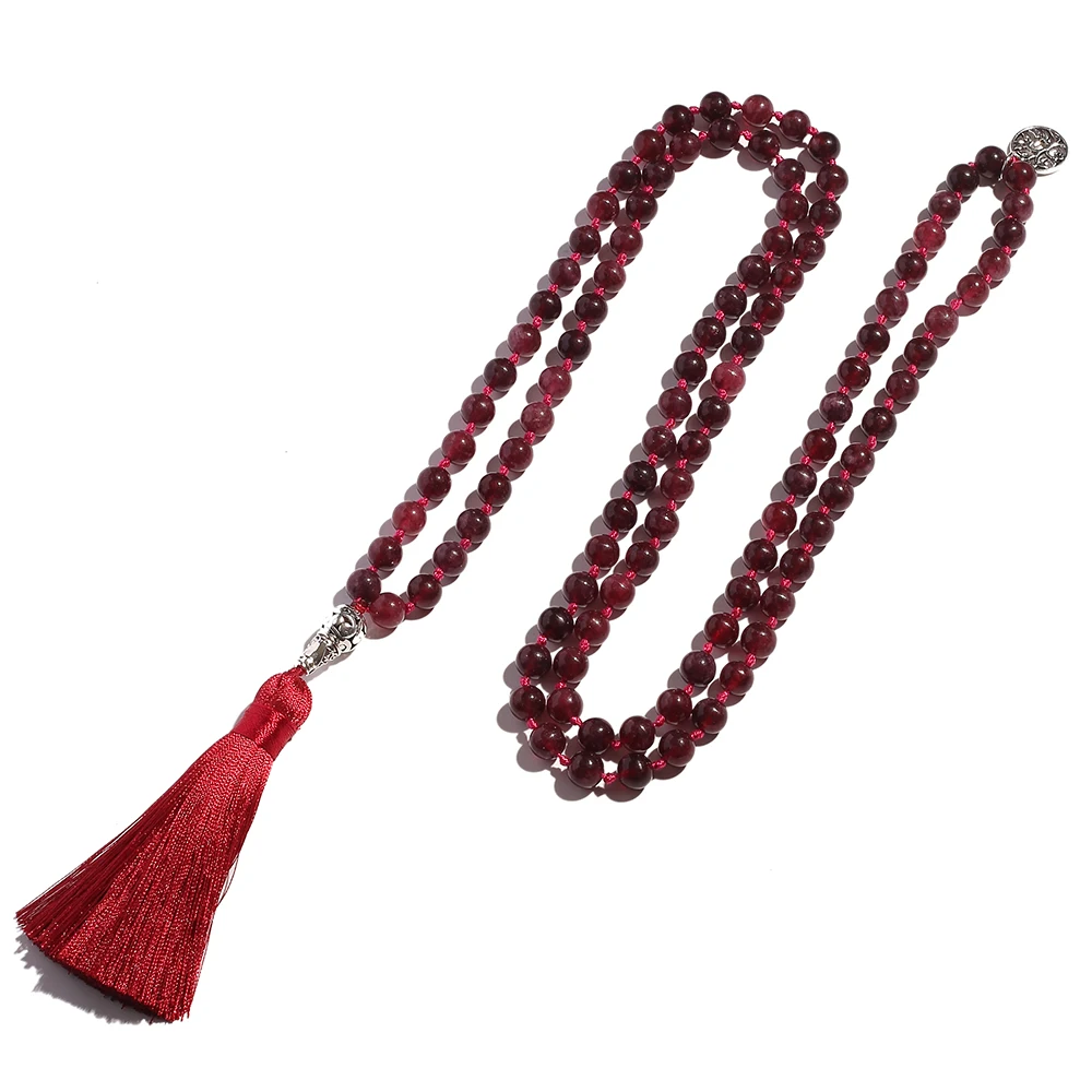 8mm Garnet Beaded Knotted 108 Mala Necklace Meditation Yoga Prayer Rosary Men and Women Tree of Life Pendant  Japamala Jewelry