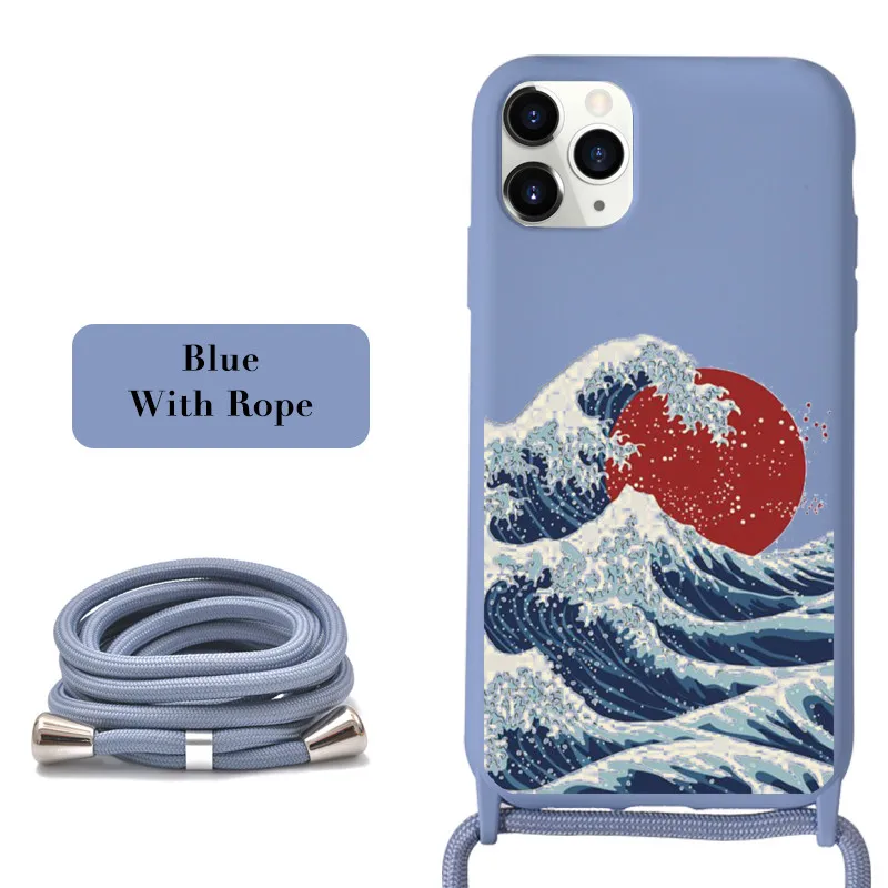 

Blue Sea Waves Case for iPhone XS X XR 7 8Plus Original Liquid Silicone Cover With Lanyard Hang Rope For iPhone 11 12 13 Pro Max