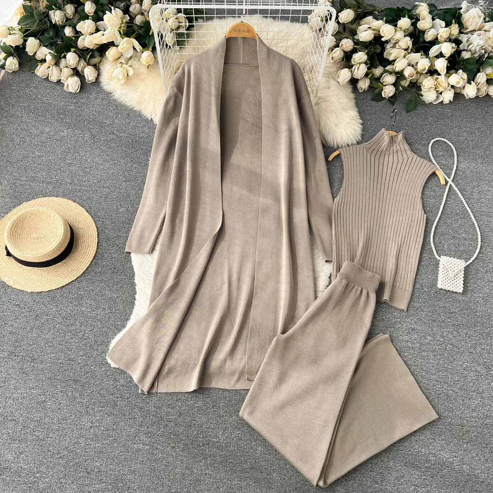 3Pcs/set Winter Autumn Knitted Women Clothing Women Long Sleeve Cardigans+Turtleneck Knit Tank Top+Warm Long Pant Sets
