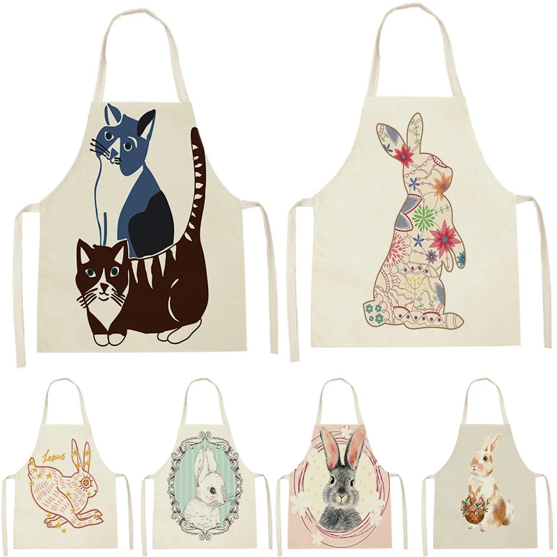 

Cartoon Animal Print Apron Women Linen Sleeveless Anti-fouling Apron Children Adult Parent-child Home Cooking Baking Waist Bib