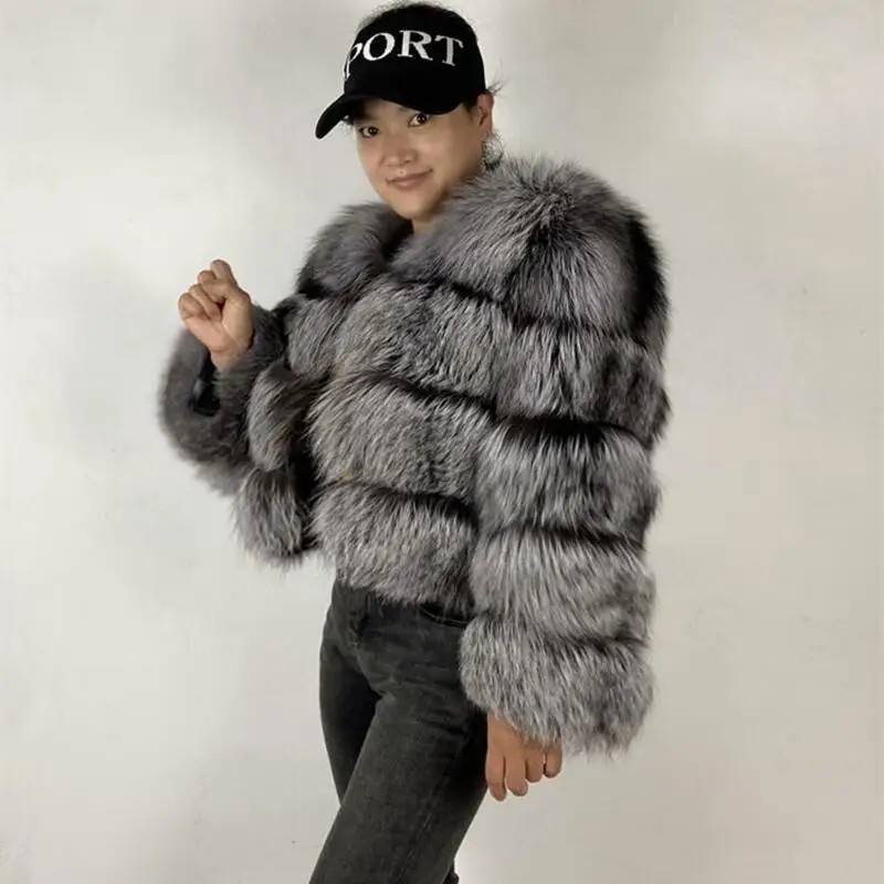 Real Raccoon Silver Fox Fur Fluffy Short Coat Women Winter Natural Round Neck Slim Jacket New Warm Thick Plus-Size Outerwear