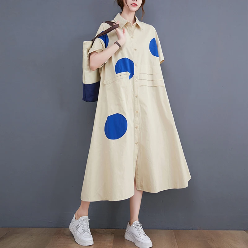 

SuperAen женское 2023 летнее Новое свободное платье с коротким рукавом и принтом в горошек длинное платье-рубашка