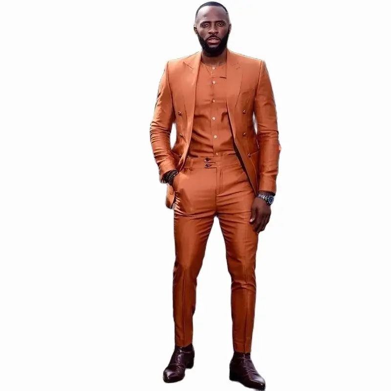 New Orange African Men Suits Peak Lapel Wedding Slim Fit Groom Tuxedo Terno Masculino Prom Blazer 2 Pc Jacket Pant Costume Homme
