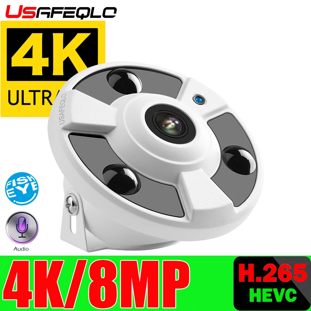 

IP-камера USAFEQLO H.265 4K 2K, аудиомикрофон, объектив «рыбий глаз» 1,7 мм, 8 Мп, 4 МП, поддержка ONVIF, видеонаблюдение, сетевой видеорегистратор для помещений, 12 В постоянного тока/POE, 48 В
