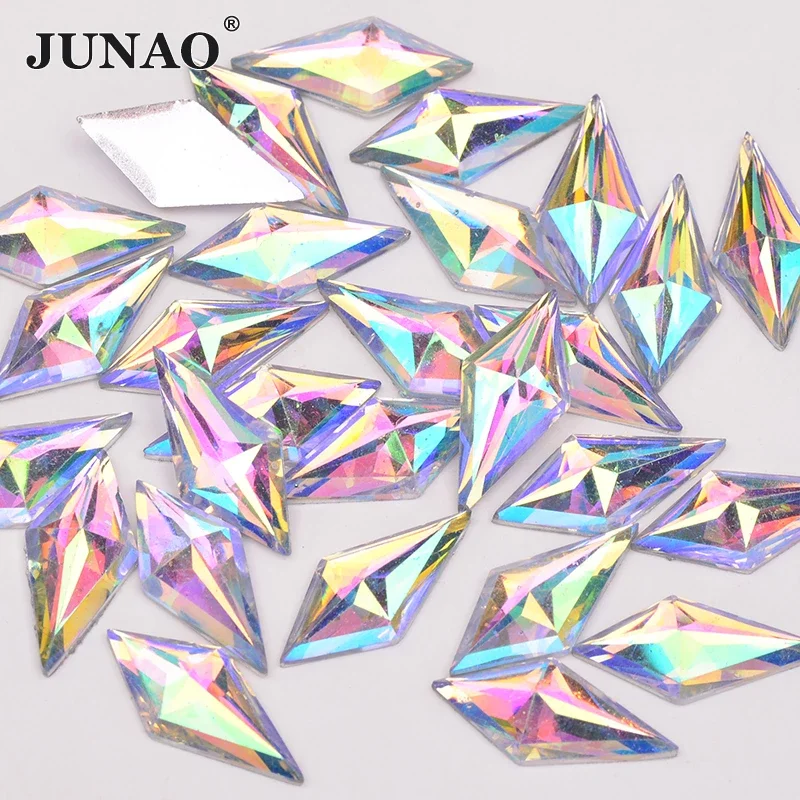 

JUNAO 40pcs 10*22mm Crystal AB Rhombus Rhinestone Flatback Resin Crystal Applique Fancy Strass Non Sewn Stones for Dress Crafts