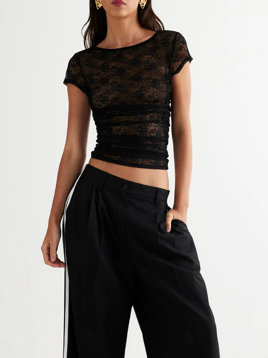 

Женский Кружевной укороченный топ с коротким рукавом, сексуальная прозрачная сетчатая Облегающая рубашка, винтажная Волшебная блузка в стиле гранж Y2K, уличная одежда