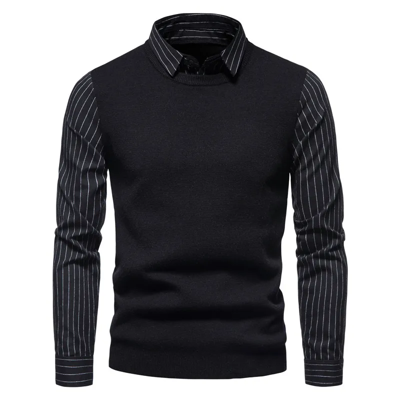 

Autumn and Winter New Men's Shirt Collar Black Pinstripe Fake Two-piece Non-iron Sweater Slim Knitted Sweater Solid Color Coat