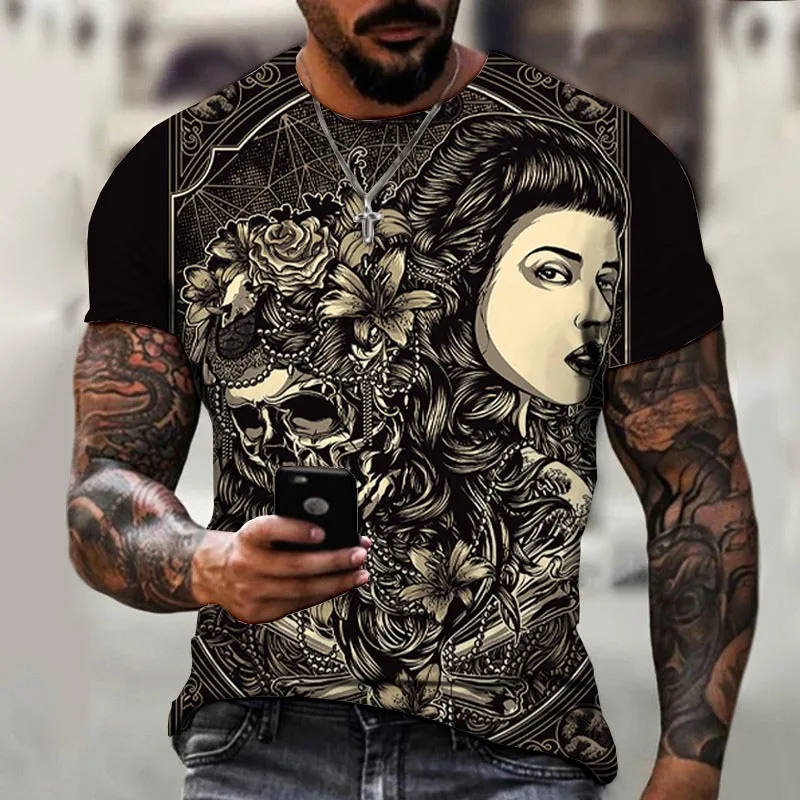 

2022 Summer Fashion Men's Clothing T Shirts Dark Harajuku Men's 3D Printed Casual Sports Shirts O Neck Vintage Short Sleeves