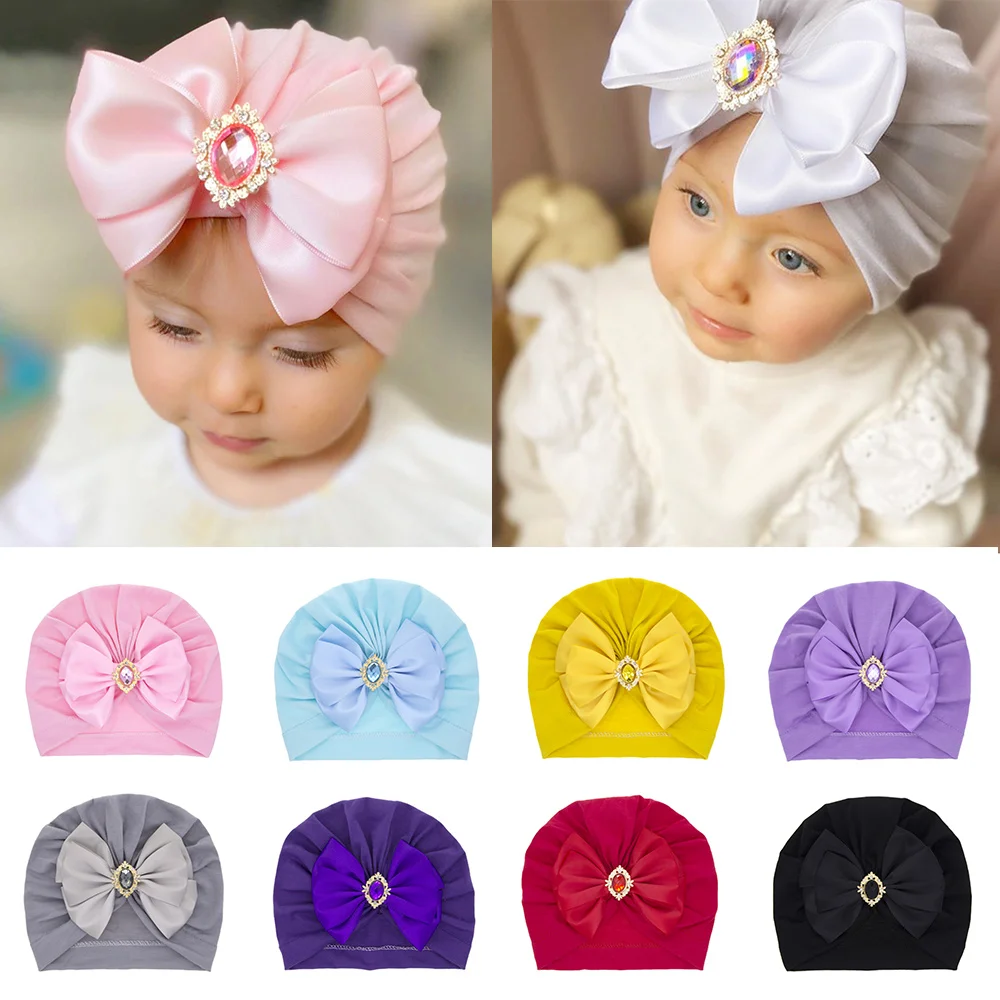 

Infant Hat Newborn Head Wrap Soft Comfortable Baby Bow Knot Cap Solid Color Crystal Skin-Friendly Hat Sweet Baby Accessories