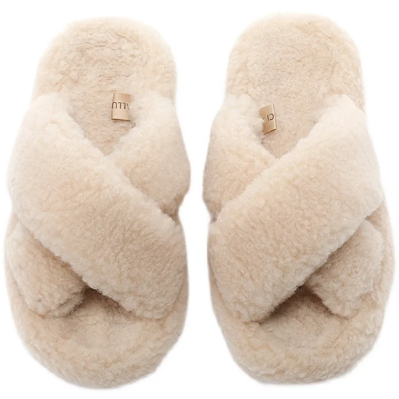 

Winter Simple Solid Color Comfortable Foot Lamb Feece Warm Home Women Slippers Rubber Non-Slip Waterproof Sole Female Shoes