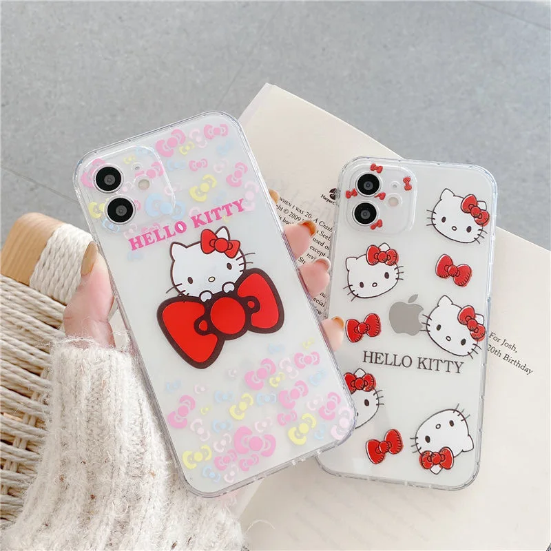 

Hello Kitty Cute Cartoon Phone Case For iPhone 11 Pro Max 12 Mini XR XS MAX 8 X 7 Lady Girl Transparent Soft Silicone Cover Gift