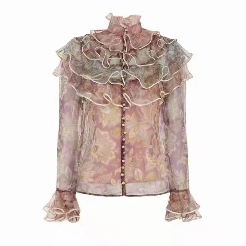 

SuperAen 2022 Spring/Summer New Ruffles Patchwork STAND Full Flare Sleeve Printing Shirts Women’s Tops