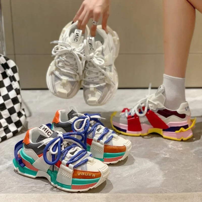

Women's Shoes 2022 New Color Matching Design Thick Bottom Breathable Rainbow Contrast Color Heightening Casual Women Sneakers