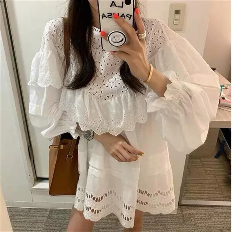 New Spring Summer Fashion Loose White Dress Holiday Long Sleeve Ruffles Hollow Out Loose Casual Mini Dress Fairy Short Skirt