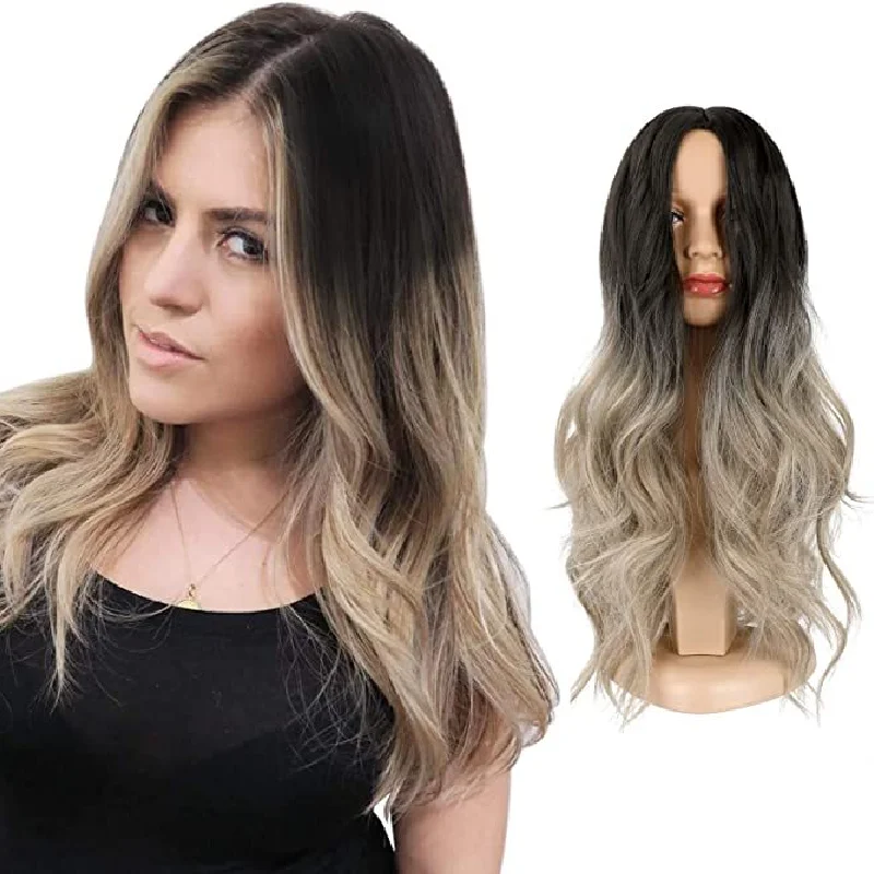 

SURI HAIR Ombre Black Blonde Wig 16 Inches Long Wavy Middle Part Synthetic Wigs For Woemn Heat Resistant Synthetic Wigs Cosplay