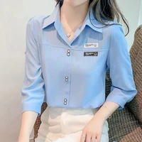 2022 summer polo neck solid color commuter women shirt three quarter sleeve fashion chic button elegant blouses female clothing