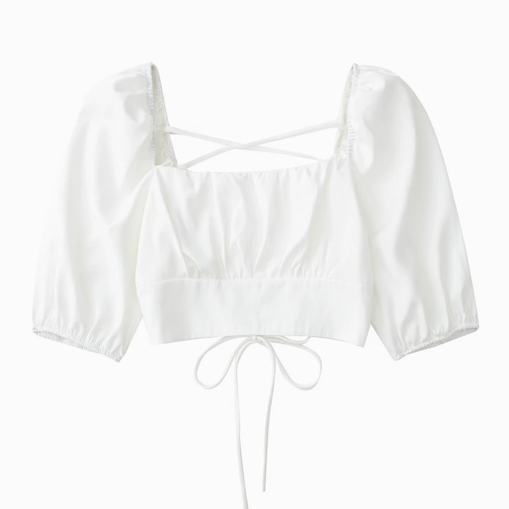 

Women Summer Top Crop Shirt Backless Clothing 2022 New Fashion Squeare Neck Short White Blouse Modern Girl Casual Blusa Wears
