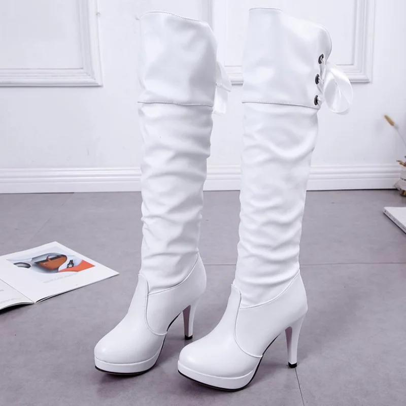 New Women Over The Knee High Boots White Black Heels Winter Shoes Genuine Leather Sexy Elastic Fabric Women Boots Large size