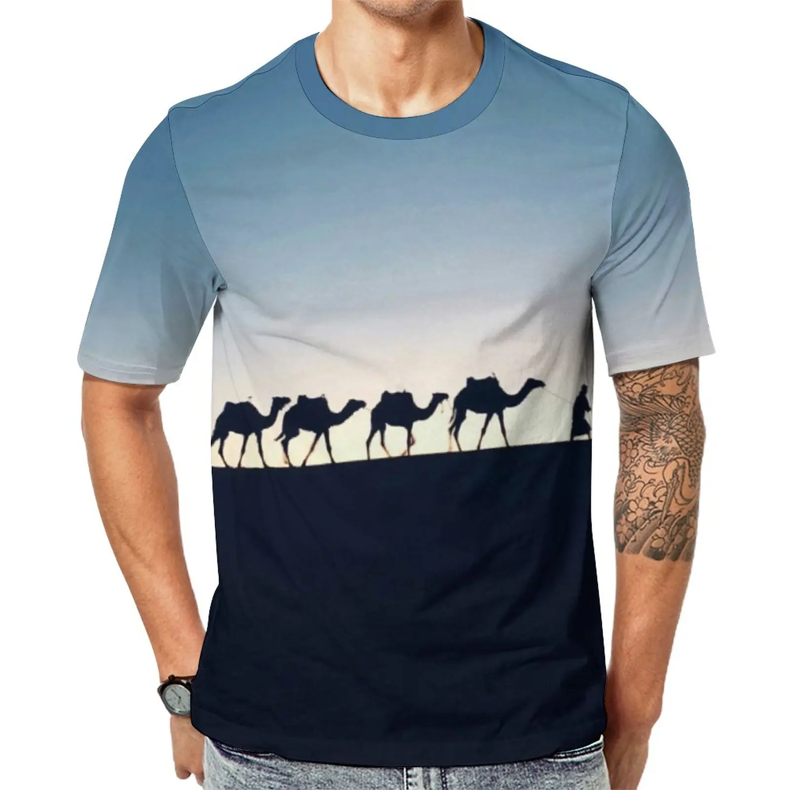 

Desert Sunset T Shirt Camels Print Mens Retro T Shirts Original Custom Tees Short-Sleeved Funny Oversized Clothing Birthday Gift