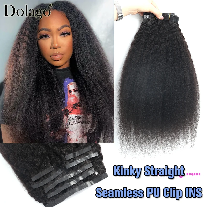 Kinky Straight Seamless Clip In Human Hair Extensions Human Hair Brazilian Invisible PU Clip Ins Afro Blow Out Hair Kinky Coarse