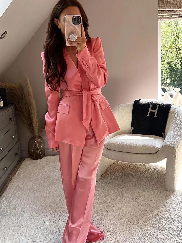 

KBAT 2022 New 2 Pieces Satin Blazer Women Jacket Elegant Female Blazer Belt Long Sleeve Coat High Waist Women Wide Leg Pants