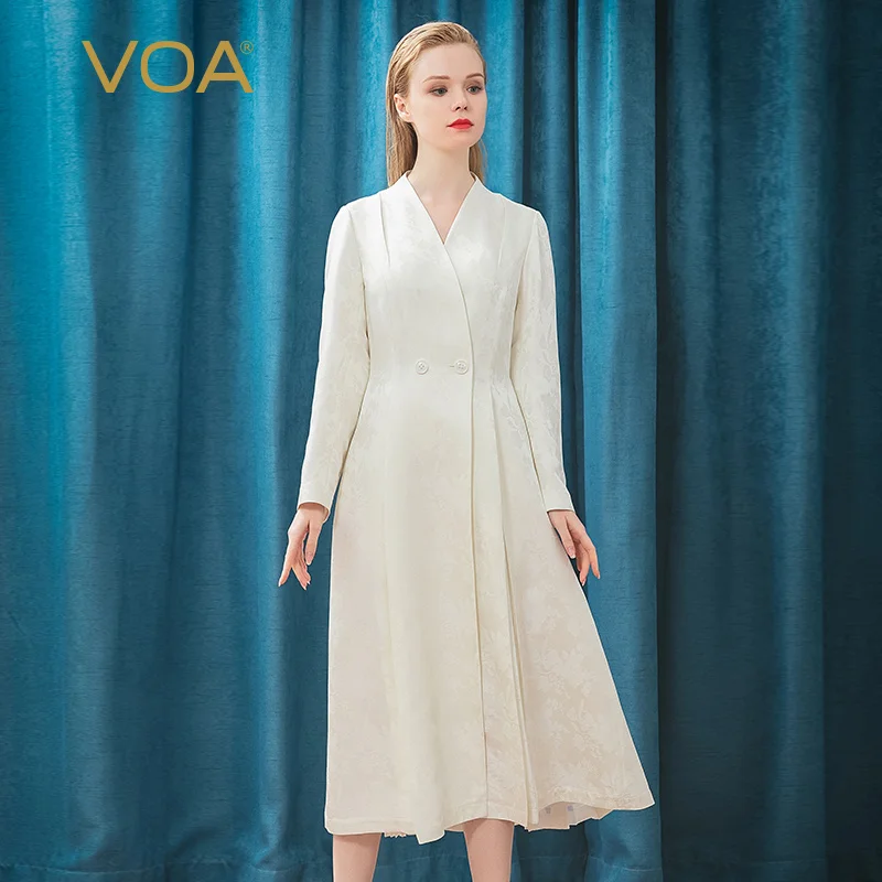 

VOA 38m/m Silk Heavy Kimono Collar Filler White Embroidered Pleated Stitching Skirt Drape King-Size Women Fashion Coat F563