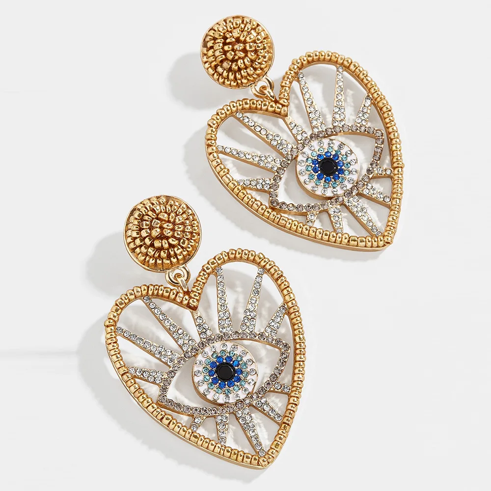 

Ethnic Rhinestone Evil Eye Drop Earrings for Women Vintage Love Heart Shape Statement Dangle Earring Banquet Jewelry
