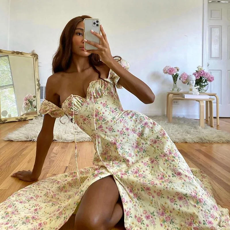 

Fashion Puff Sleeve Floral Print Casual Dresses for Women 2021 High Slit Long Dress Summer Midi Vestido Short Sleeve Vestidos