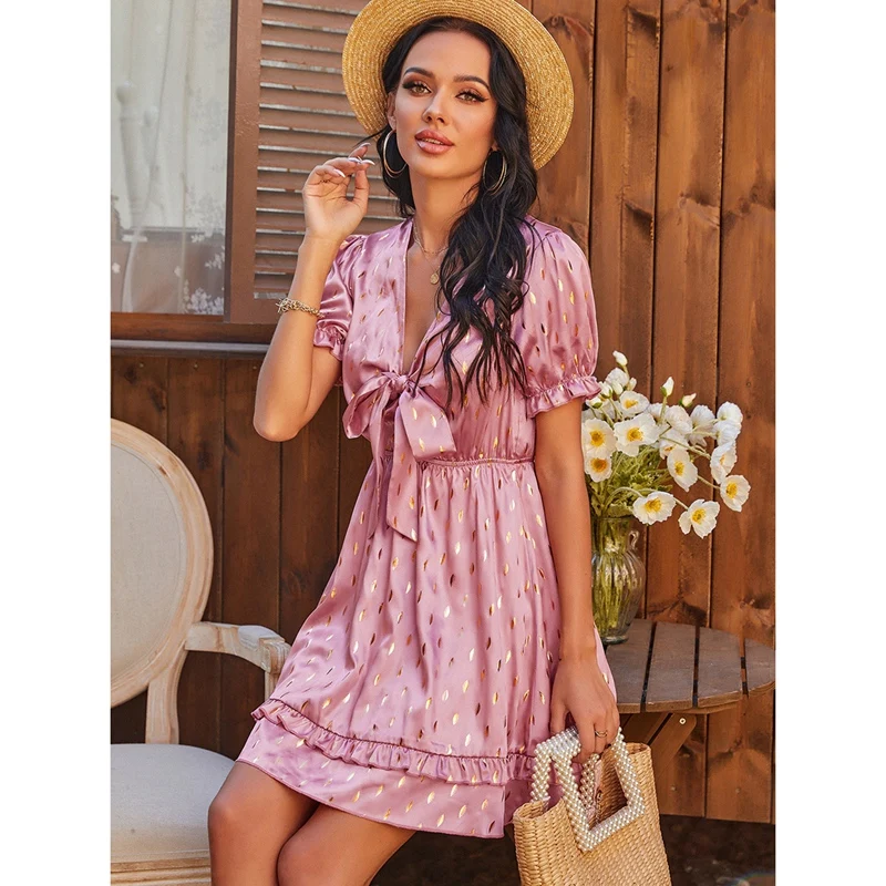 

Women's Dress Ruffle Summer High Waist Dress Retro Ladies Dress Pink