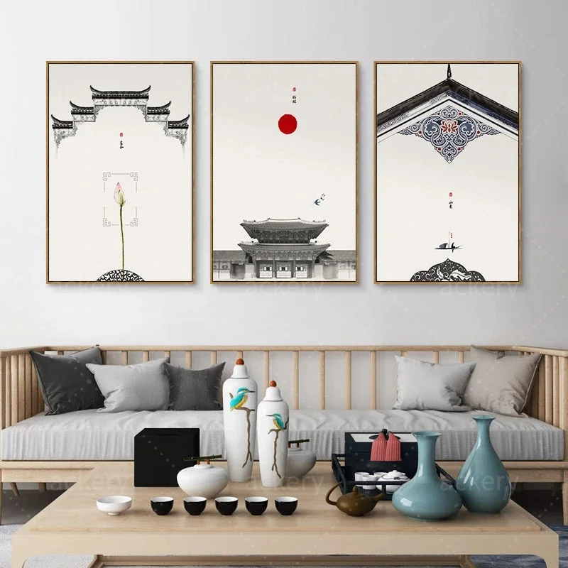 

Картина на холсте в древнем традиционном китайском стиле, старинное здание, узор, настенное украшение, Художественная печать, плакаты, карт...