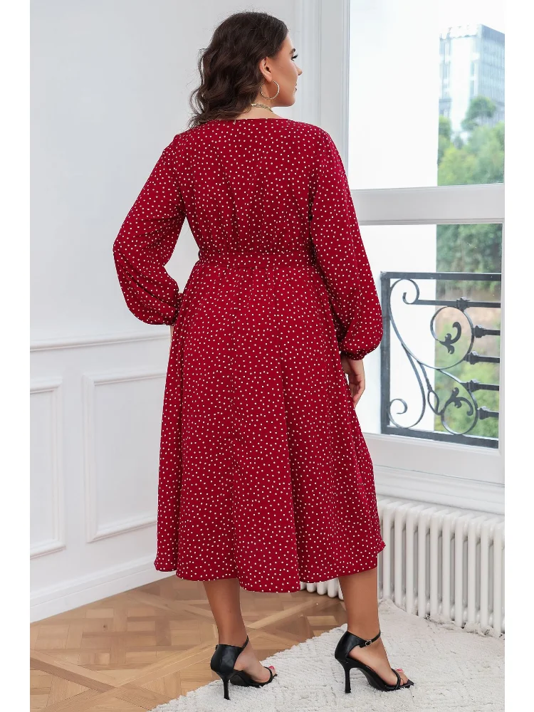 Big swing literary temperament red plus size dress cotton temperament commuter polka-dot long-sleeved women dress