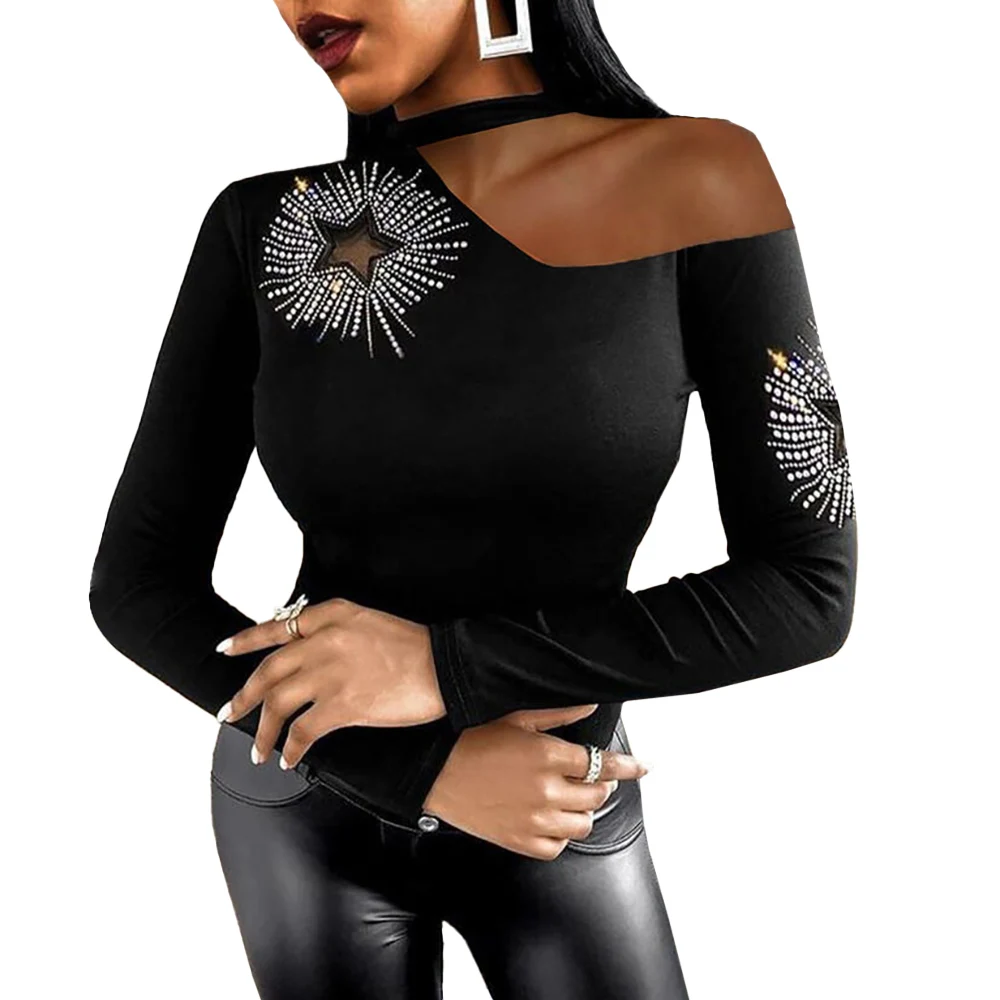 

Women T-shirt Elegant Long Sleeve One Shoulder Off Tee Shirt Streetwear Female Lady Tees And Tops Elegant Sequined Slim T-Shirts
