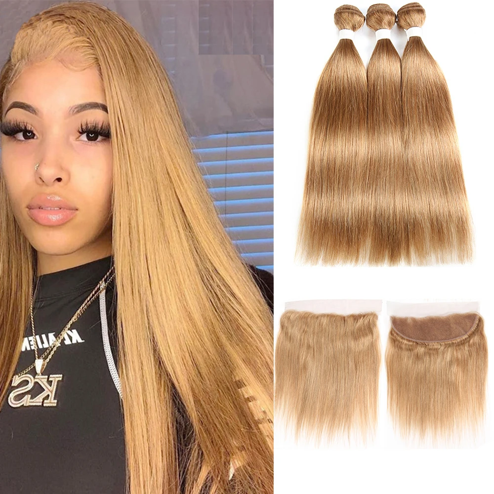 

Blonde Brazilian Human Hair 3 Bundles With Lace Frontal Color 27 Straight Bundles With 13x4 Lace Closure Hair Extension Euphoria