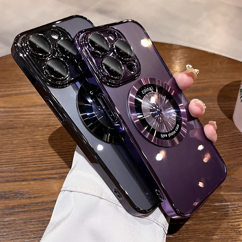 

Plating Logo Hole For Magsafe Magnetic Clear Case For iPhone 14 Pro 13 12 11 XS Max XR 7 8 Plus Lens Protector Shockproof Cover