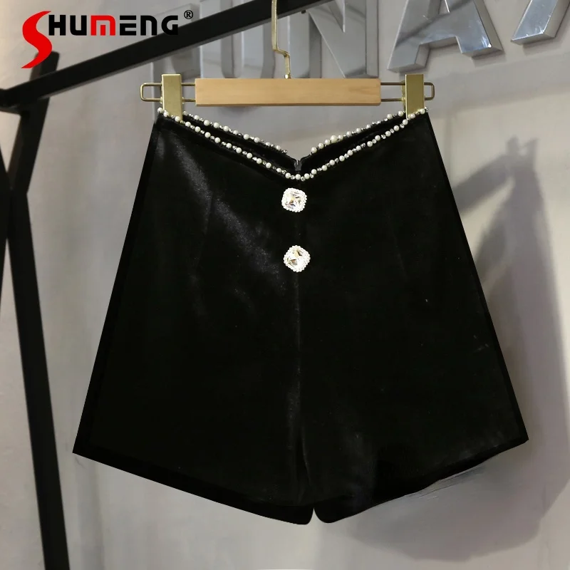 

Новинка сезона осень-зима 2022, женские модные свободные короткие брюки с бусинами, женские облегающие бархатные широкие брюки А-силуэта с вы...