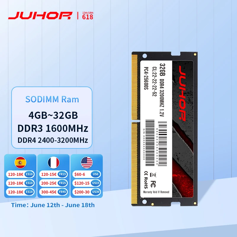 JUHOR Rams DDR3 4g 8g 1600MHz DDR4 8GB 16GB 32GB 2400MHz 2666MHz 3200MHz Notebook Memory  Sodimm Laptop Memoria Ram