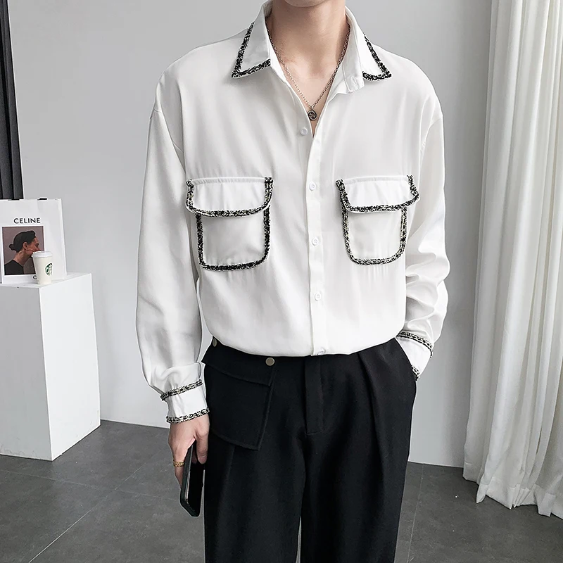 

YASUGUOJI New 2022 Japanese Fashion Two Pockets Patchwork Long Sleeve Designer Shirts Chic High Street Party Dress Men Shirt