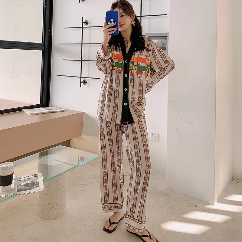 2023 Ice Silk Pajama Sets New Sleepwear Summer Silky Thin Cardigan Geometry And Leopard Print Long-sleeved Trousers 2 Pieces